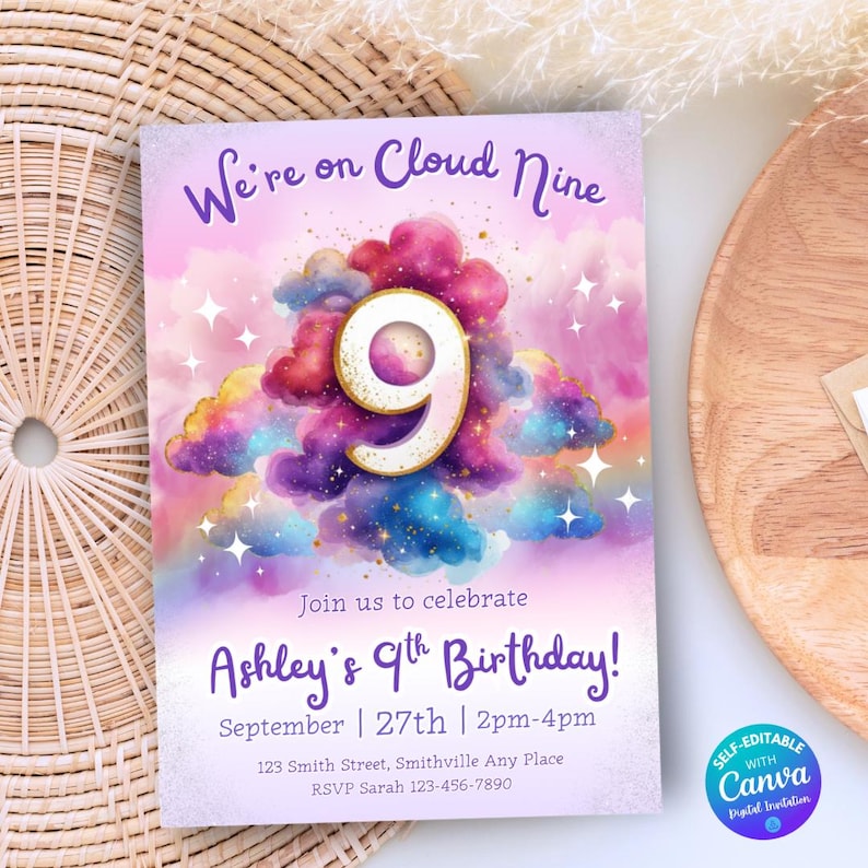 Editable Cloud 9 Birthday Invitation Cloud Nine Birthday Invitation ...