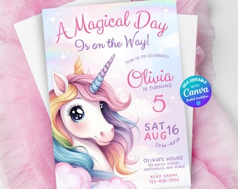 Pastel Unicorn Birthday Invitation Unicorn Party Magic Unicorn Invite Rainbow Unicorn Invitation Girl's Unicorns Birthday Invitation Canva