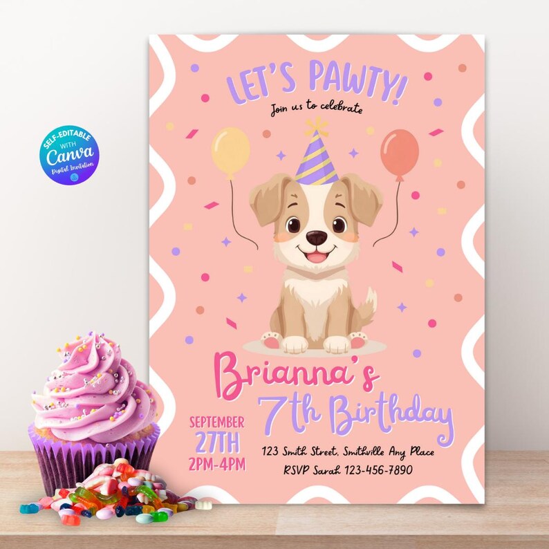 Editable Pink Puppy Birthday Party Invitation Birthday Invitations Dogs ...
