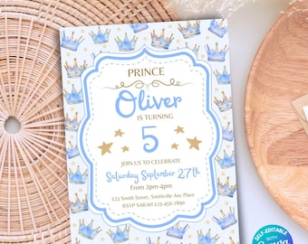 Invitación de primer cumpleaños de príncipe editable Plantilla de invitación de primer cumpleaños de príncipe Corona Azul Real Dorado Invitación de niño Imprimible Descargar Canva
