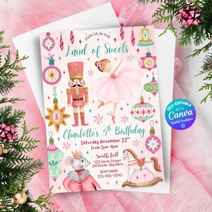 May include: A pink birthday invitation with a ballet theme. The invitation features a ballerina, nutcracker, and a rocking horse. Text includes "Land of Sweets" and "Charlotte's 5th Birthday". Self-editable with Canva.