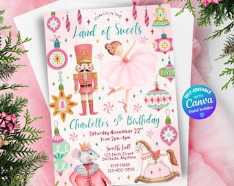 Nutcracker Birthday Party Invitation Pink Christmas Birthday Invite Sugar Plum Fairy Invitation Land of Sweets Party Pink Ballerina Invite