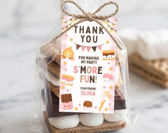 Plantilla editable de etiqueta de regalo rosa para S'mores, imprimible, etiqueta de agradecimiento para fiestas de fogatas, etiqueta de agradecimiento para niñas