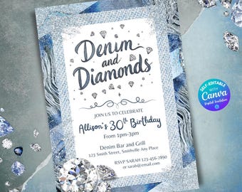 Denim and Diamonds Birthday invitation Editable Denim Birthday Dinner Invites Denim and Diamonds Party Invite Anniversary Party Invitation