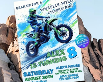 Editable Dirt Bike Birthday Invitation Motocross Party Theme Invite Printable Motorbike Invitation Boy Birthday Invitation Green Blue Invite