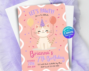 Cat Birthday Invitation Kitten Birthday Invitation Cat Theme Party Cute Girls Birthday Invitation Kitty Invite Girls Party Invitation Canva