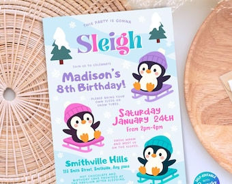 Snow Tubing Birthday Party Invitation Outdoor Sledding Dry Slope Winter Sport Invitation Penguin Party Invitation Snow Party Invite Template