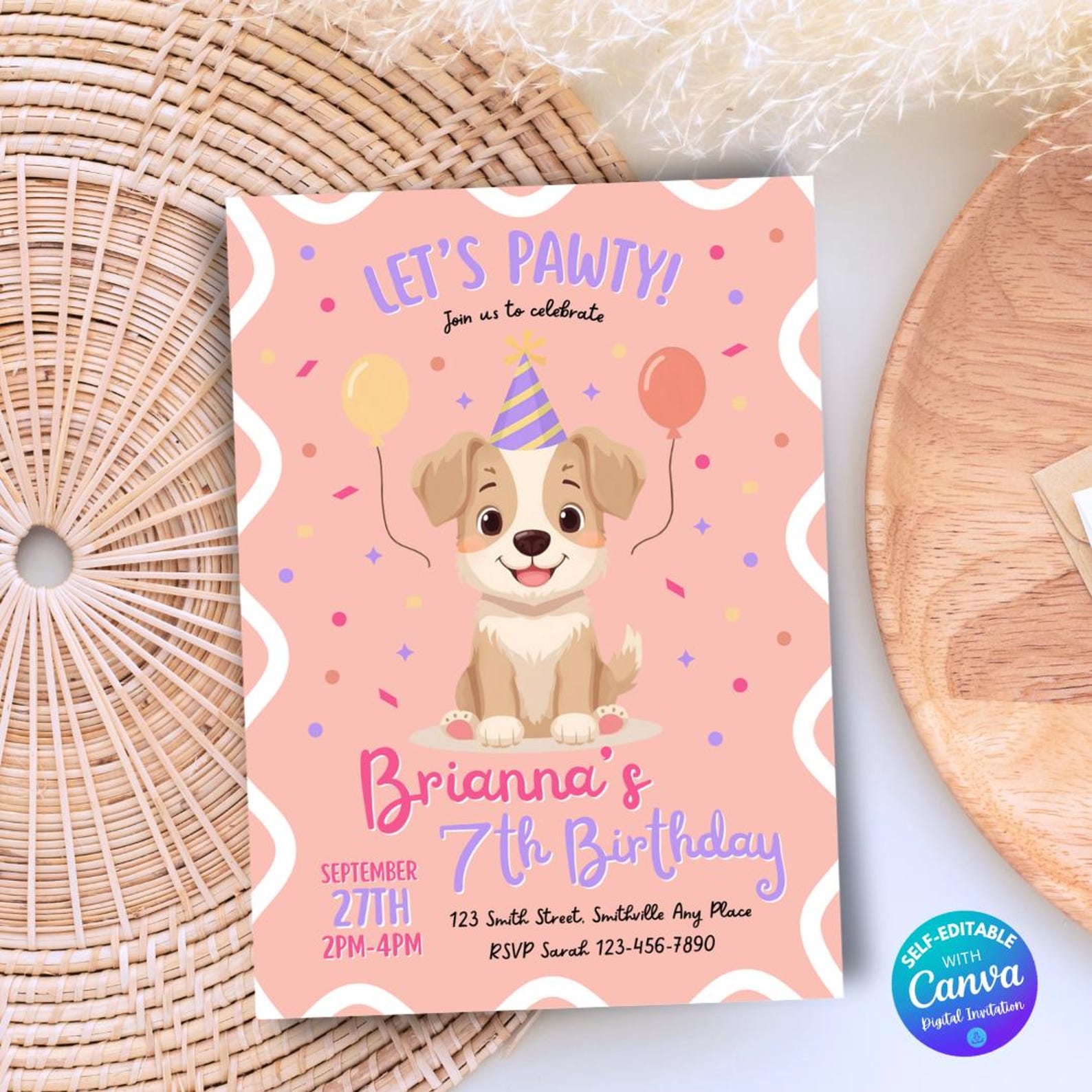 Editable Pink Puppy Birthday Party Invitation Birthday Invitations Dogs ...