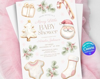 Editable Merry Little Baby Shower Invitation Christmas Theme Baby Shower Digital Baby Shower Pink Little Girl Christmas Winter Baby Shower