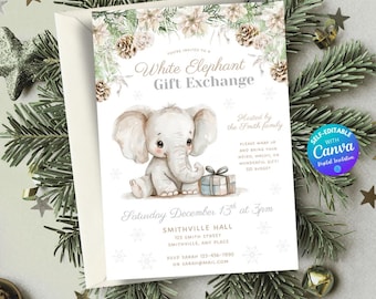 Editable White Elephant Christmas Party Invitation Template Holiday Gift Exchange Party Adult Office Christmas Party Invite Downloadable