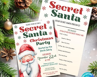 Secret Santa Invitation Gift Exchange Christmas Party Invite Template Holiday Party Invitation Secret Santa Questionnaire Santa Invite Canva