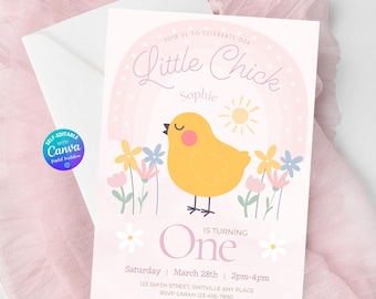 Our Little Chick First Birthday Invitation Editable Chicken Birthday Party Invitation Spring Birthday Invite Turns One Invitation Template