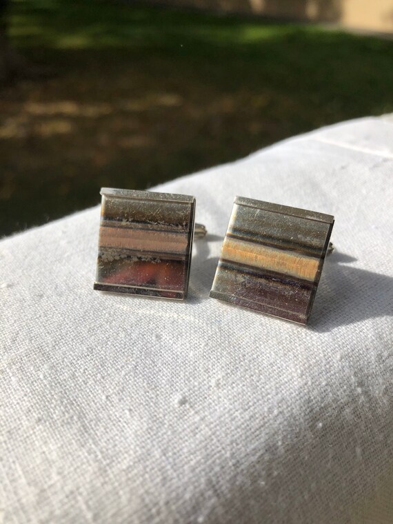 Vintage square silver metal cufflinks with reflec… - image 8