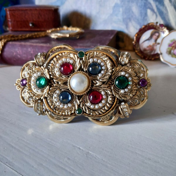 Broche Agatha vintage sublime grosse broche perles colorés et perles blanches