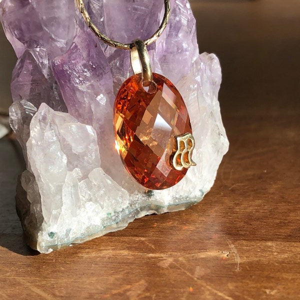 Pendentif goutte ovale type cristal, argent vermeil 925, couleur orange/ambré