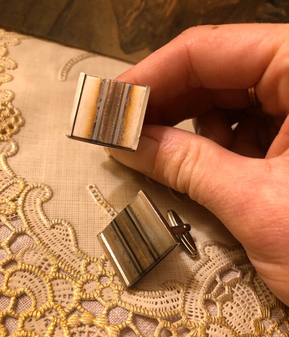 Vintage square silver metal cufflinks with reflec… - image 2