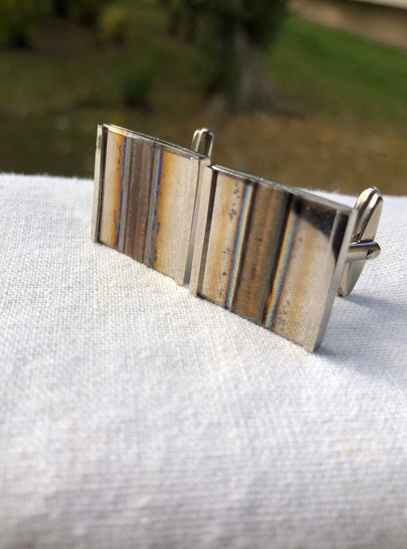 Vintage square silver metal cufflinks with reflec… - image 1