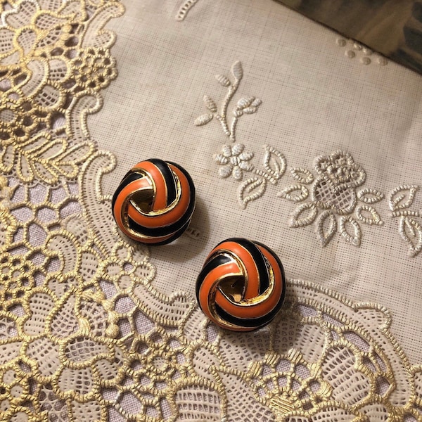 Vintage Orena Round Ear Clips Black Lines and Salmon/Coral Vintage Birthday Gifts Halloween