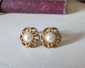 Clips de oreja de metal dorado perla blanca vintage