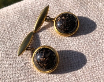 1950 Vintage cufflinks glass paste cabochons Murano Aventurine black