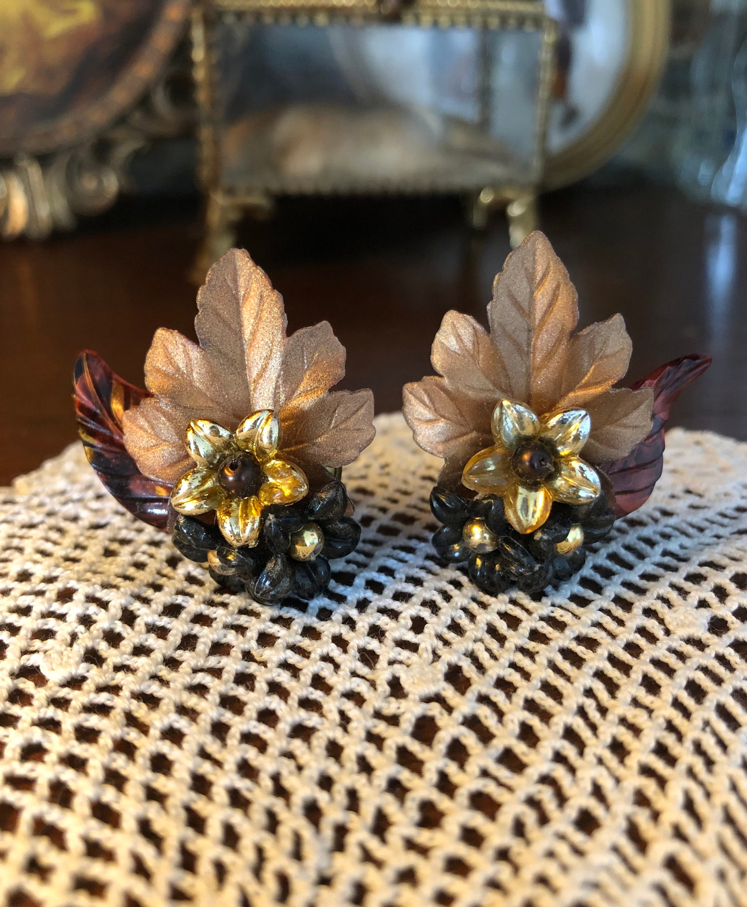 Boucles D'oreilles Clips Vintage Années 80-90 - Doré Et Acrylique - Occasion