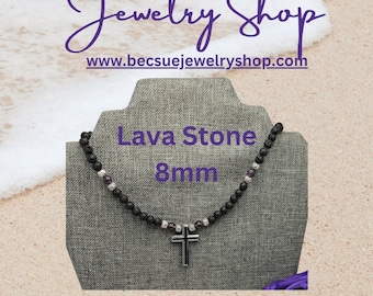 Lava Stone Necklace, Lava Rock Necklace, Black Lava Jewelry,  Mens Lava Jewelry, Cross Pendant Necklace Men