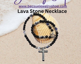 Sodalite Necklace, Chakra Necklace for Men, Black Lava Necklace, Aromatherapy Diffuser Necklace, Lava Necklace,