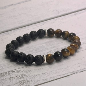 Chakra Healing Lava Stone & Tiger Eye Bracelet: Natural Gemstone Beads for Anxiety Relief  Grounding