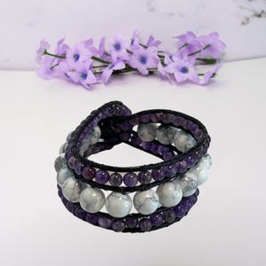 Handmade Amethyst Leather Wrap Bracelet - Natural Stone Healing Crystal Chakra Boho Jewelry