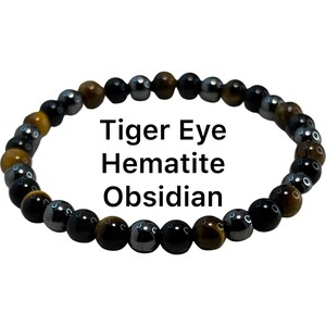 Triple Protection Tiger Eye, Obsidian & Hematite Beaded Bracelet for Men&#39;s Chakra Healing