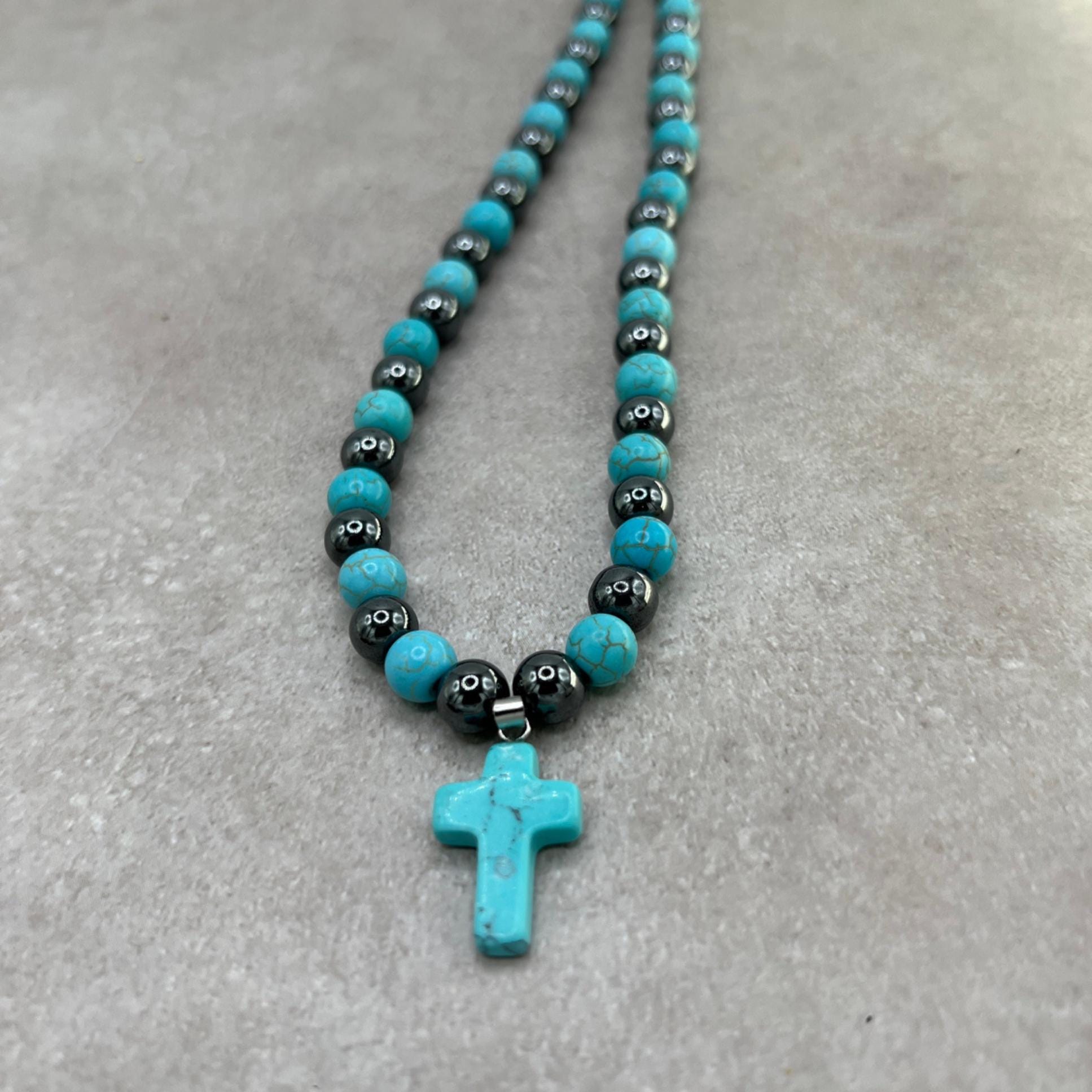 Bohemian Turquoise Cross Necklace: Handcrafted AAA Gemstone Beaded Jewelry with Hematite Accents