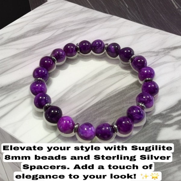 Handmade Sugilite Bracelet with Sterling Silver Spacers, Healing Energy Stones, Yoga Jewelry with 8mm Sugilite Beads