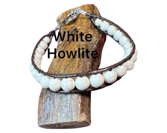 Boho Leather Bracelet, White Turquoise Bracelet, Leather Beaded Bracelet, Bead Leather Wrap Bracelet,
