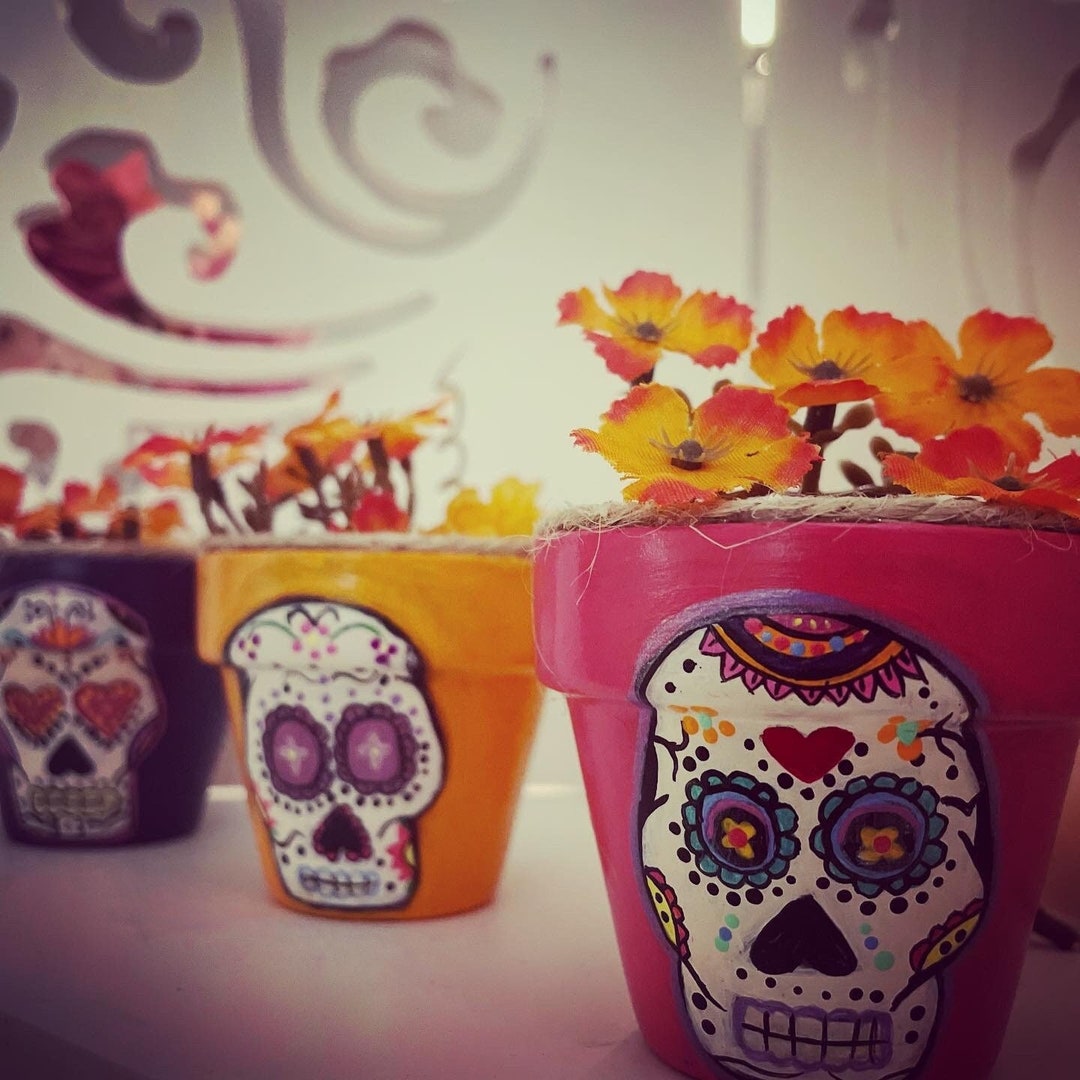 3 Mini Sugar Skull Pot Day of the Dead Hand Painted Pot Etsy