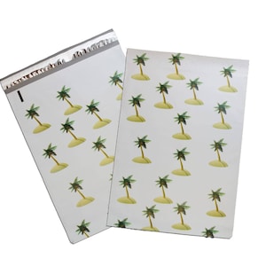 May include: Two white poly mailer envelopes with a repeating pattern of small islands with palm trees. One envelope is sealed with a silver strip. The palm trees have green fronds and brown trunks, and the islands are tan.