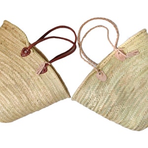 Moroccan Handmade Straw Basket Shoulder Market Shopping Bag Long Leather Handles