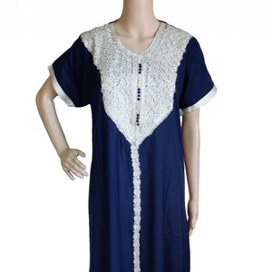 Women&#39;s Casual Full Length Embroidered Moroccan Short-sleeved Navy Kaftan Cotton Maxi Dress