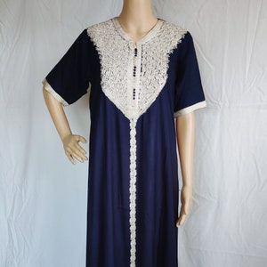 Women&#39;s Casual Full Length Embroidered Moroccan Navy Kaftan Cotton Maxi Dress