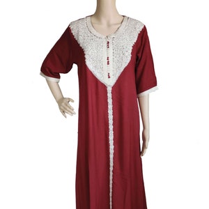 Women's Casual Full Length Embroidered Moroccan Red Kaftan Cotton Maxi Dress