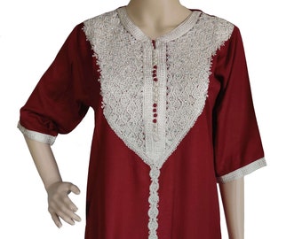 Moroccan Traditional Style Cotton Blend Tunic Casual Burgundy Women Knee-Length Embroidered Long Shirt