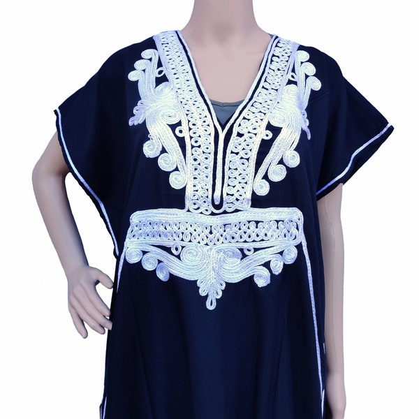 Moroccan Kaftan Cotton Maxi Dress Casual Women Full Length House Dress One Size Black/White