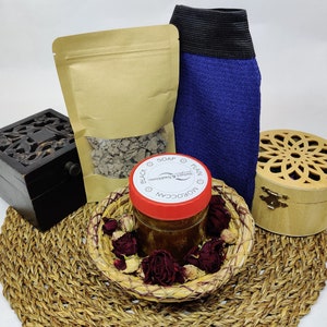 Moroccan Hammam Spa Set Natural Organic Black Soap Clay & Exfoliating Glove