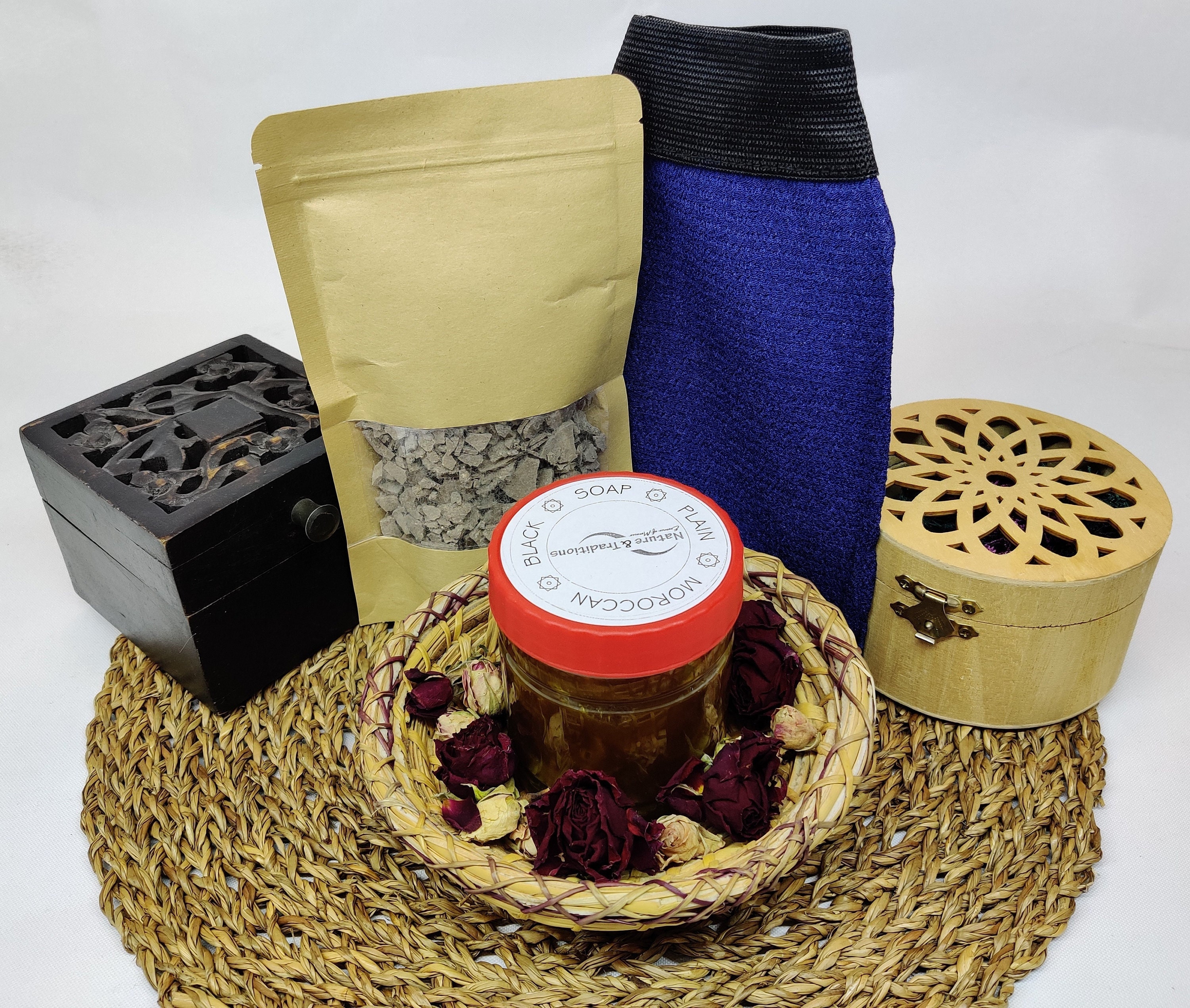 Moroccan Hammam Spa Set Natural Organic Black Soap Clay & Exfoliating Glove