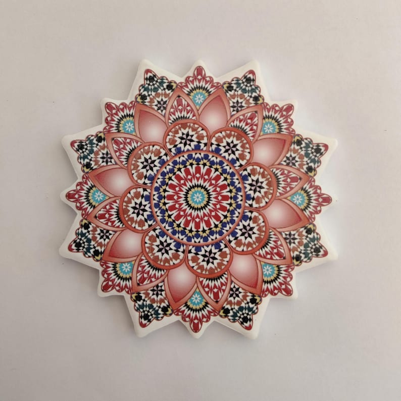 Colourful Elegant shaped Ceramic Moroccan Design Coasters Geometric Mosaic Tiles With Cork Base and Intricate Details Style 6