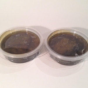May include: Two small clear plastic containers filled with a dark brown, viscous liquid. The liquid has a slightly grainy texture.