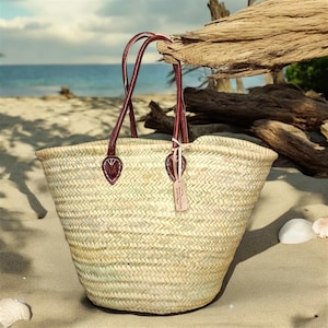 Moroccan Handmade Straw Basket Shoulder Market Shopping Bag Long Leather Handles