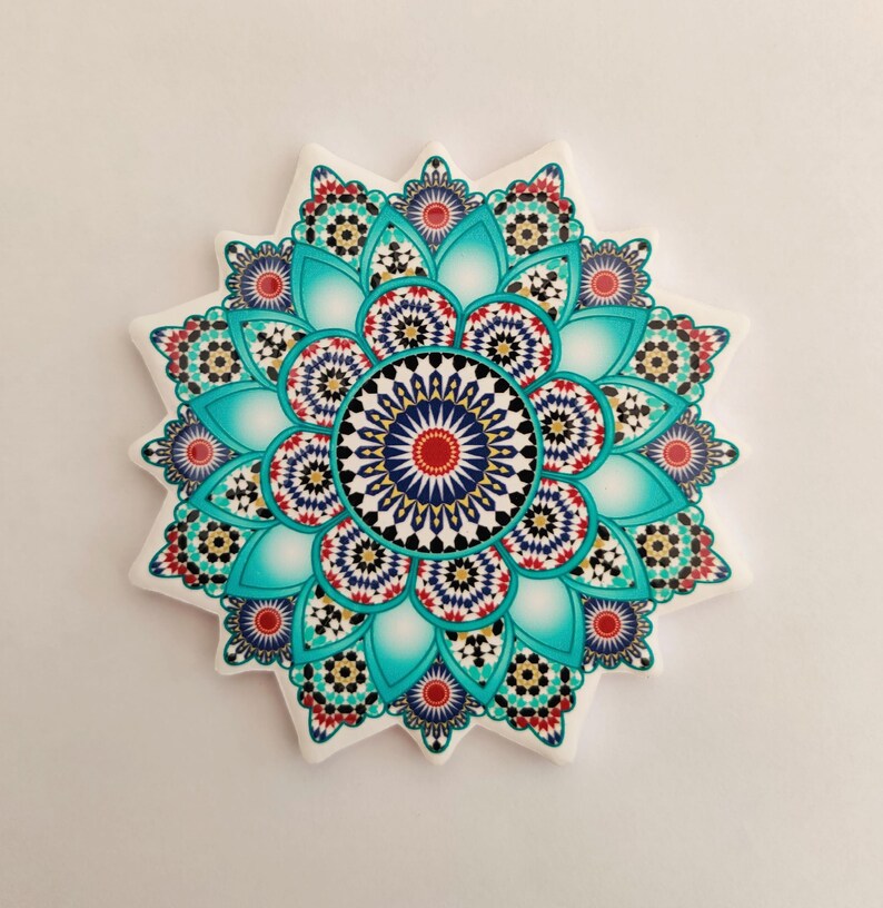 Colourful Elegant shaped Ceramic Moroccan Design Coasters Geometric Mosaic Tiles With Cork Base and Intricate Details Style 7