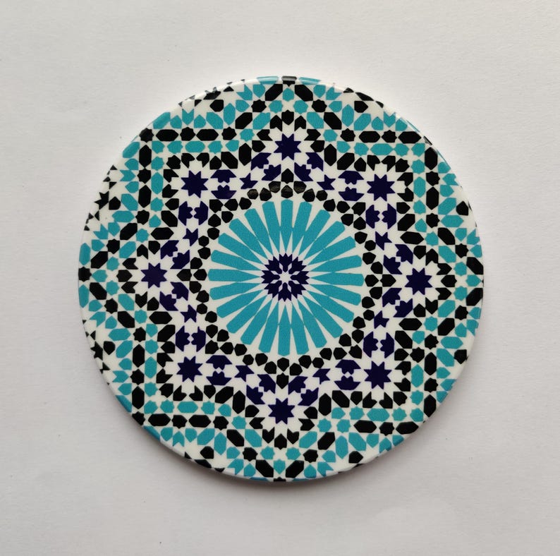 Colourful Elegant shaped Ceramic Moroccan Design Coasters Geometric Mosaic Tiles With Cork Base and Intricate Details Style 2