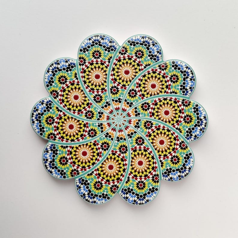 Colourful Elegant shaped Ceramic Moroccan Design Coasters Geometric Mosaic Tiles With Cork Base and Intricate Details Style 4
