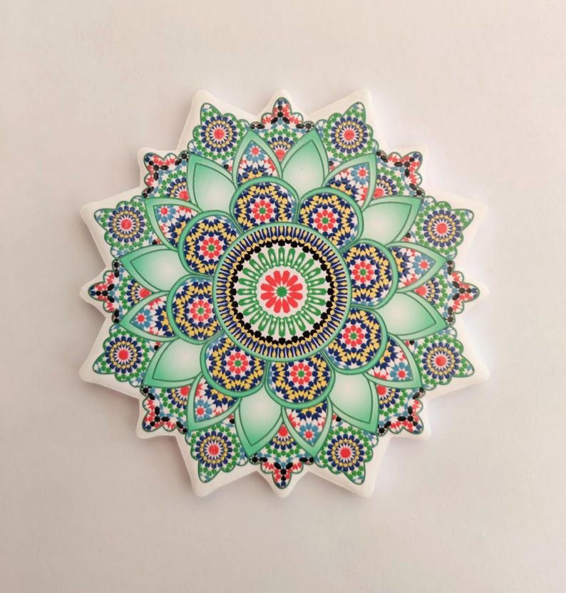 Colourful Elegant shaped Ceramic Moroccan Design Coasters Geometric Mosaic Tiles With Cork Base and Intricate Details Style 5